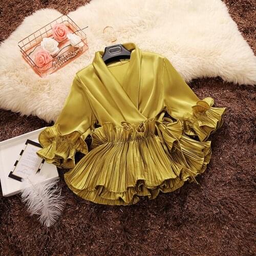 Womens spring summer elastic slim waist imitate silk patchwork chiffon Shirt tops ladys casual ruffles Shirt Tees TB1043