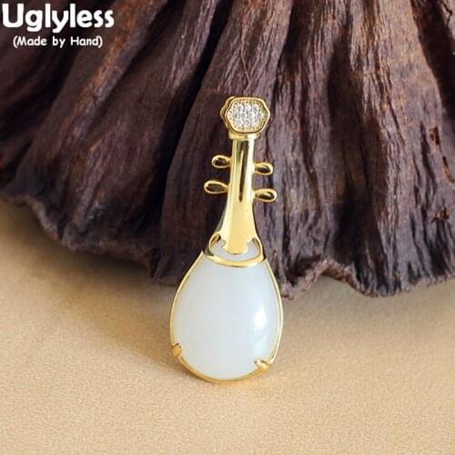 Uglyless Creative Lute Pendants Earrings for Women Real 925 Silver Musical Instrument Jewelry Sets Natural Jade Fine Jewelry S03