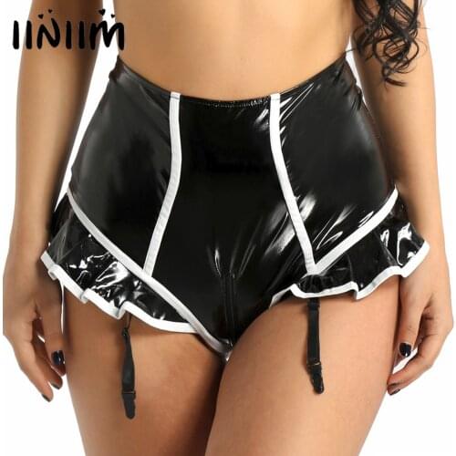 Womens Wetlook Faux Leather Ruffled and Lined Zipper Crotch High Waist Surspender Panties with Plastic Garters Sexy Clubwear