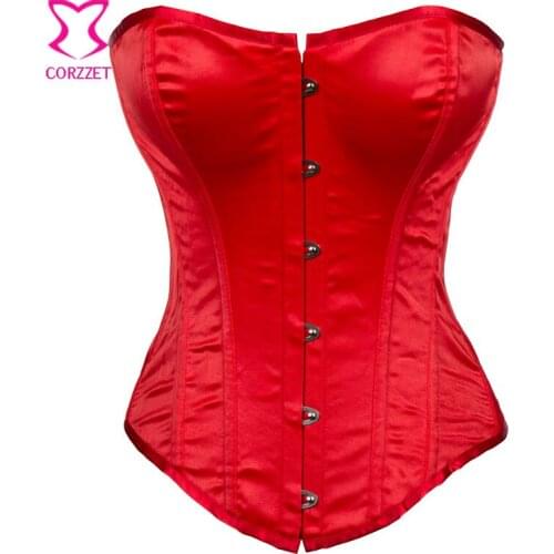 Corzzet Red Satin Overbust Burlesque Corset Bustier Tops Tight Lacing Espartilhos E Corpetes Sexy Corsets and Bustiers Korset