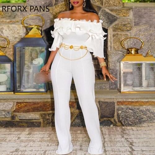 Women Soild Ruffle Hem Chain Sashes Off Shoulder Casual Straight White Jumpsuit