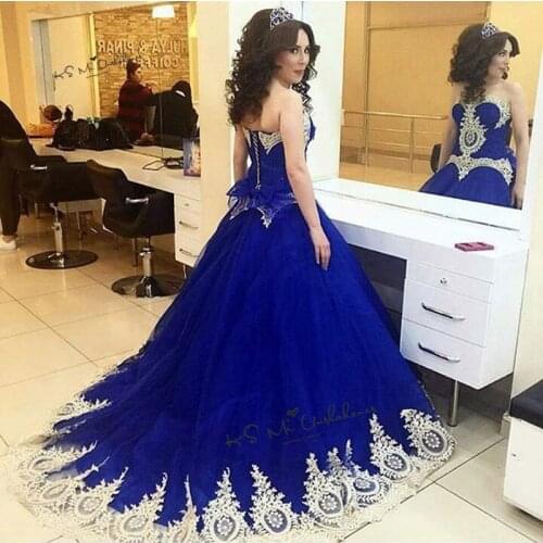 Royal Blue Gold Lace Cheap Quinceanera Dresses Ball Gown Sweet 16 Dress 2020 Plus Size Prom Debutante Gowns Vestidos de 15 Anos