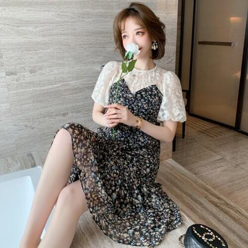 Awarose Floral Print Lace Patchwork Fake Two Piece Knee Length Dress Women Summer Round Neck Loose Casual Beach Sundress Female