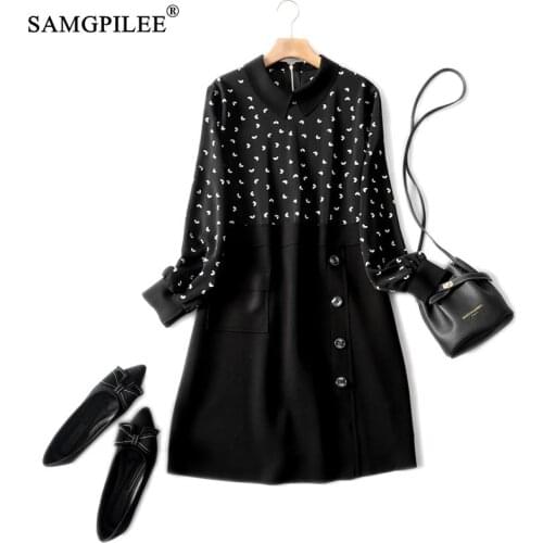Winter Dresses For Women 2021 New Office Lady A-line Print Full Sleeve plus size Empire Turn-down Collar Vintage Dress Woman 4XL