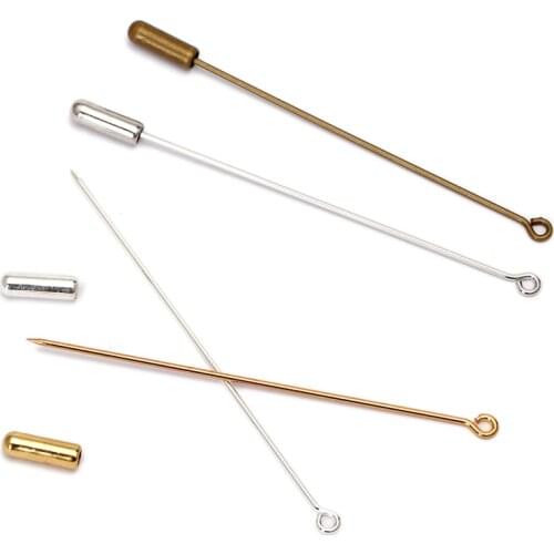 20pcs/lot Brooch needles 50/70mm Length Loop Eye Brooch Pin Copper Brooches Safety Pins with Stopper for DIY Jewelry Findings