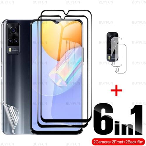 6in1 Black edge glass For vivo Y31 6.68 inch Back Hydrogel Soft Film and camera safety film for vivo vi vo Y31 Y51 Y20 Y20i Y11
