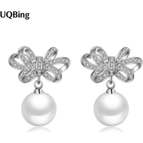 925 Sterling Silver Big Flash Crystal Pearl Bowknot Wedding Women Stud Earrings Wholesale