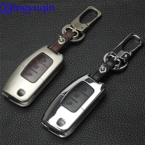 Jingyuqin for Ford Focus Fiesta C Max Ka Keychain Ring Zinc Alloy+Leather Remote Key Cover Case 3 Buttons Car-styling