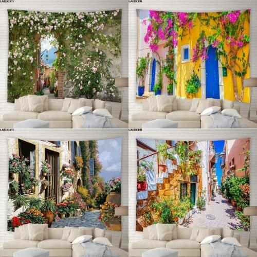 Flower Street Scenery Tapestry Retro Country Garden Green Plants Flowers Vines Greek Landscape Beach Towel Yoga Mat Home Decor