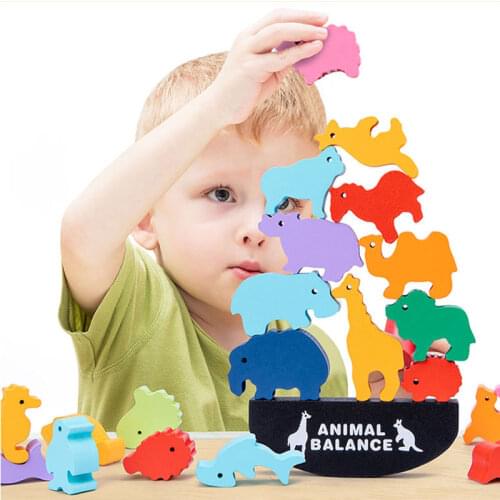 Wooden Montessori Toy for Children Dinosaur Animal Balance Blocks Board Games Educational Stacking High Building Block Boys