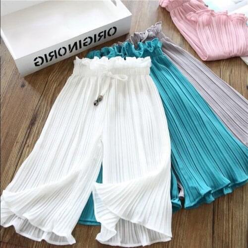 Girls Kids Loose Pants Summer Thin Chiffon Anti-mosquito Pants White Pink Icing Solid Leggings Children Wide Leg Waist Pants