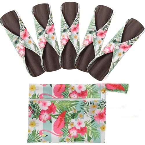 5PCS Reusbale Mama Sanitary Pads +1Mini Wet Bag Women Bamboo Menstrual Pads Soft Hygiene Cotton Cloth Napkin Panty Liner