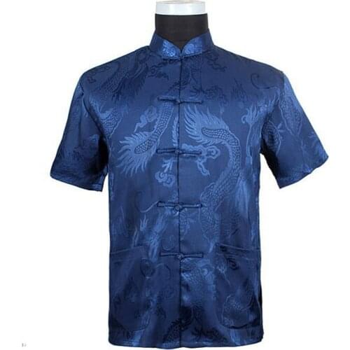 New Fashion Chinese Mens Silk Satin Kungfu Navy Blue Shirt Coat top Chinese National Costume S M L XL XXL XXXL