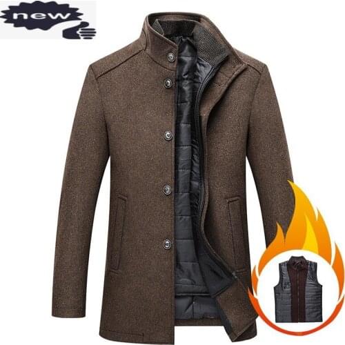 Mens Wool Blends Business Casual Coat Stand Collar Thick With Vest Liner Warm Jacket Man Slim Single Breasted Outwear Overcoat