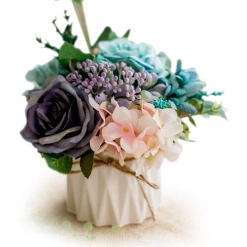 Nordic Simulation Flower Set Ceramic Hemp Rope Vase Rose Artificial Plant Potted Home Wedding Holiday Decoration Fake Flower Pot