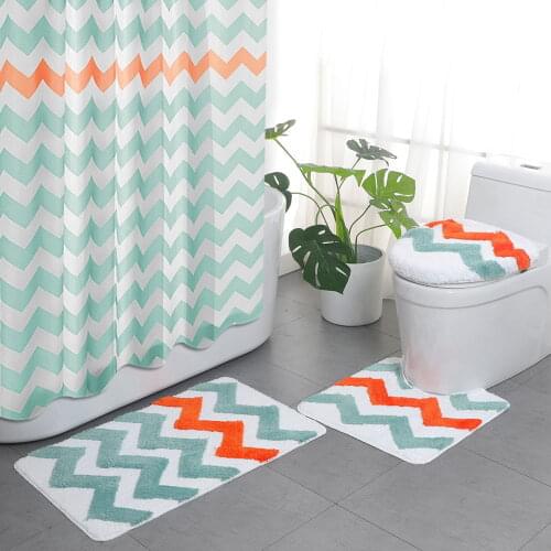 Modern Bathroom Mat Four-piece Set Home Toilet Non-slip Water-absorbing Mat + U Shape Doormat + Toilets Lid Mat + Shower Curtain