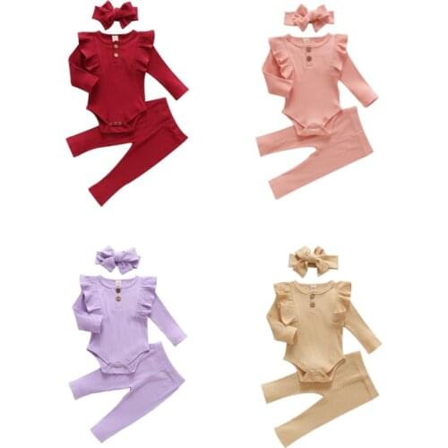 Newborn Baby Girl Clothes Long Sleeve Romper+ Trousers + Headband Ruffle Simple Solid Color Spring Clothing
