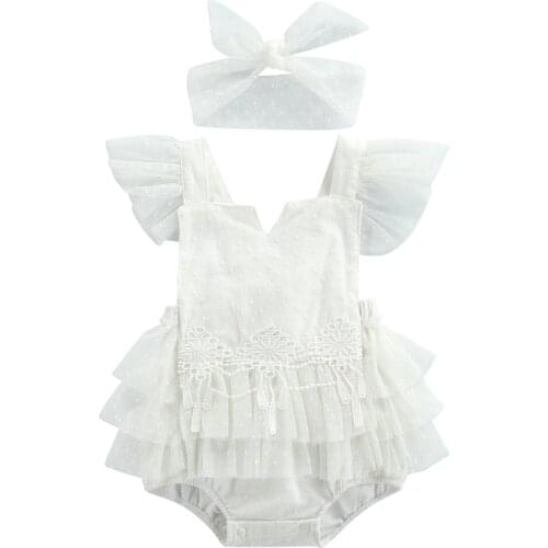 Princess Infant Baby Girls Rompers Headband 2pcs 0-24M Ruffles Sleeve Lace Floral Printed Backless Jumpsuits