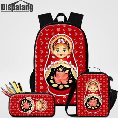 Russian Mascot Matryona Print Backpack With Pencil Case Lunchbag 3 Set Cartoon Matryoshka Doll School Bag Girl Bookbags Bagpacks