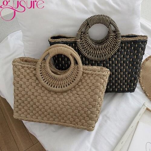 Gusure Vintage Bohemian Straw Bag for Women Summer Large Capacity Beach Handbags Rattan Handmade Kintted Travel Bag Bolsas Mujer