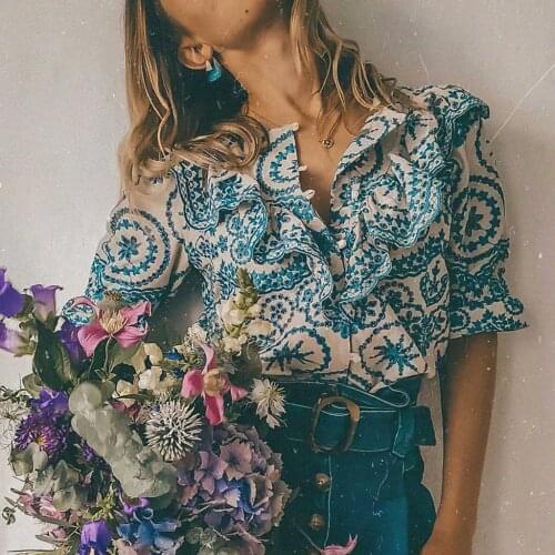 Ecru Blue White South Blouse Femme Ruffles Embroidery Short Sleeve O Neck Blouses 2021 Woman Elegant Shirts De Mujer chemisier