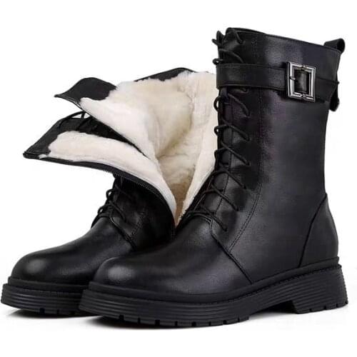 2021 New Non-slip Thick Snow Boots Women Autumn Plus Velvet Cotton Black Boots Winter Mid-Calf Lace-up Mid-tube Shoes for Women