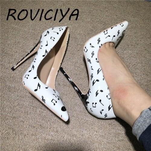 White music notation PU leather high heeled lady pumps shallow pointed toe woman shoes party spring wedding shoes QP102 ROVICIYA