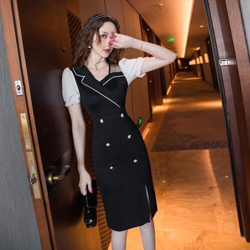 Chic Elegant Summer Hit Color Button Slim Fit Waist Patchwork V Neck Pencil Dress Fashion Vintage Vestido De Mujer