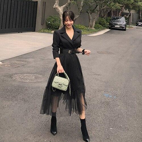 2019 Brand New Women Fashion Dress Lapel Collar Long Sleeve Blazer Mesh Dress High Street Midi Dress Vestidos De Fiesta