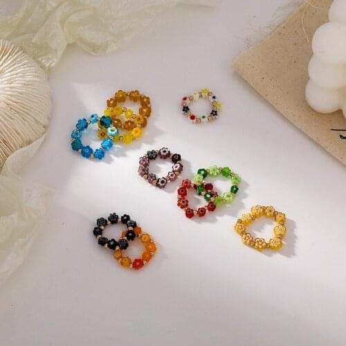 VSnow Sweet Vintage Arcylic Handmade Multicolor Flower Ring for Women Korean Fashion Braided Beaded Elasticity Ring Jewelry Hot