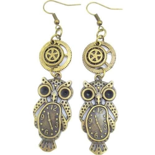 Antique Plated Clock Owls and Fan Shaped Gears Vintage Steampunk Drop Earring