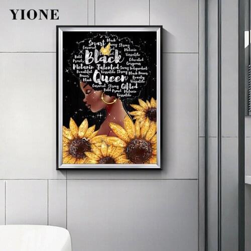 Black Queen Canvas Art Poster Custom Cartoon African Woman Sunflower Girl Quote Letter Wall Painting for Living Prints Picture