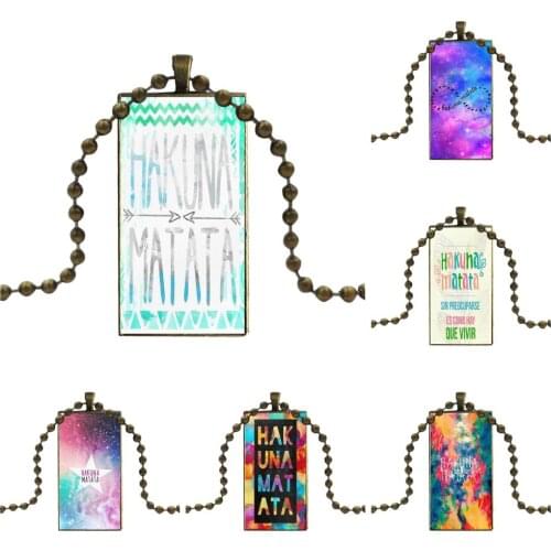 For Women Girls Vintage Jewelry Bronze Color Glass Cabochon Choker Pendant Long Rectangle Necklace Aztec Hakuna Matata Cute