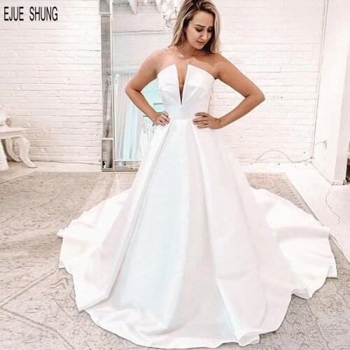 EJUE SHUNG Satin Wedding Dresses V Neck Lace Up Back Elegant Draped Wedding Gowns Sleeveless Bride Dresses Vestido De Novia