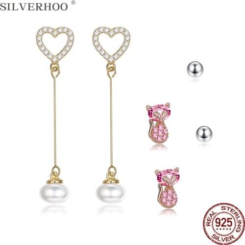 SILVERHOO 925 Sterling Silver Earrings Sets For Women Cute Heart Pearl Earrings Sparkling Fox Pink CZ Stud Earring Jewelry Gift