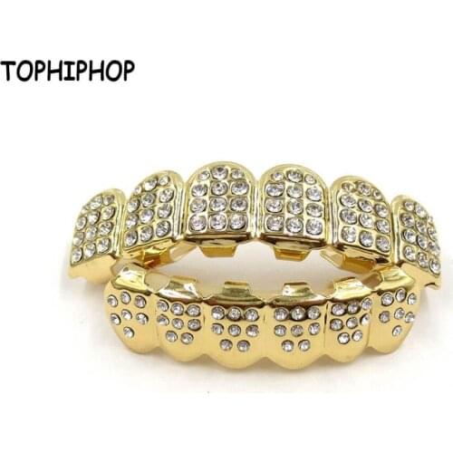 TOPHIPHOP Hiphop Teeth Grillz Inlaid Zircon Bling Gold Silver Top Bottom Teeth Grill Men’s and Women’s Jewelry