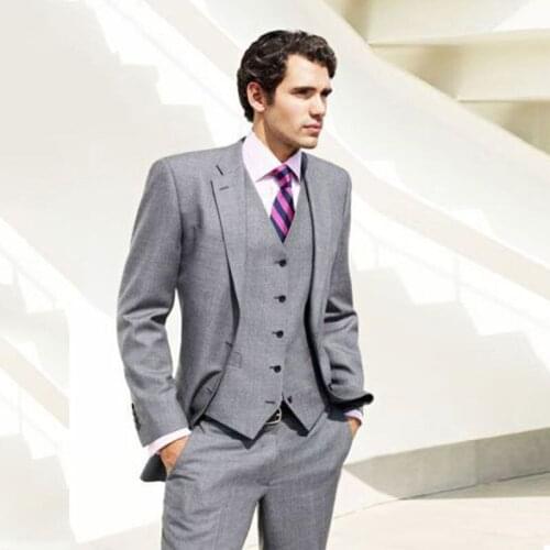 Custom Made Grey Men Suits for Wedding Slim Fit 3Piece Man Blazer Jacket Pant Vest Groom Tuxedo Costume Homme Terno Masculino