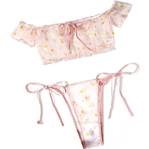 Women Sexy Mesh Lingerie Set Sheer Off Shoulder Daisy Print Bra and Panty Set Nightwear