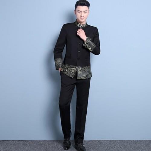 Mens chinese tunic suit set male stand collar mens clothing slim chinese style mens wedding groom wear tang suit black 2XL