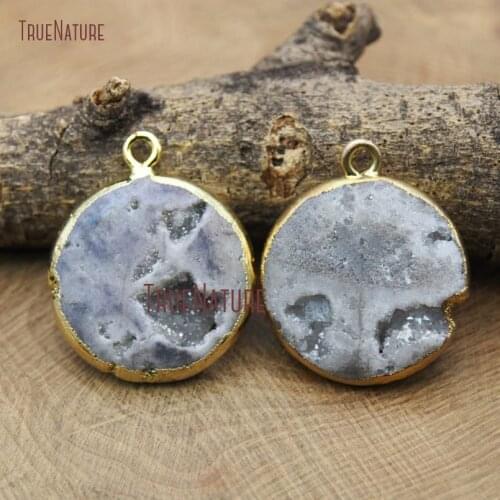 Fashionable Necklace Pendant Gold Electroplated Round Shape Pendants Agates Druzy Geode Charm Approx 25 mm PM9338