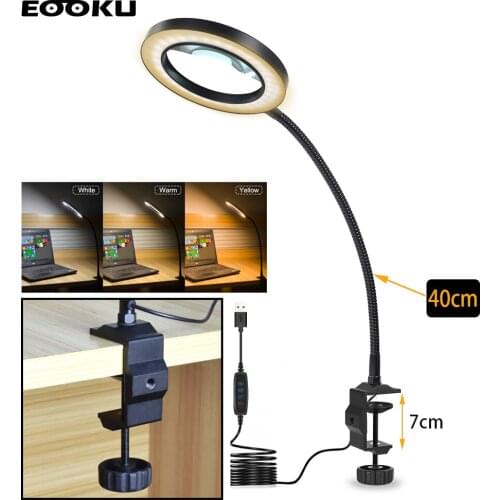 EOOKU 8W USB Table Lamp 5X Magnifying Glass Non-Slip Base Eye Protection 3-Color Dedicated Reading/Nail Art/Calibration Check