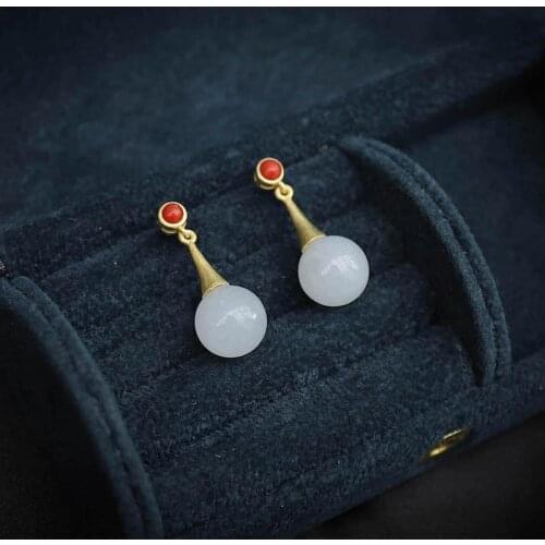 New silver inlaid natural Hetian white jade round bead earrings Chinese style retro elegant minority design womens jewelry