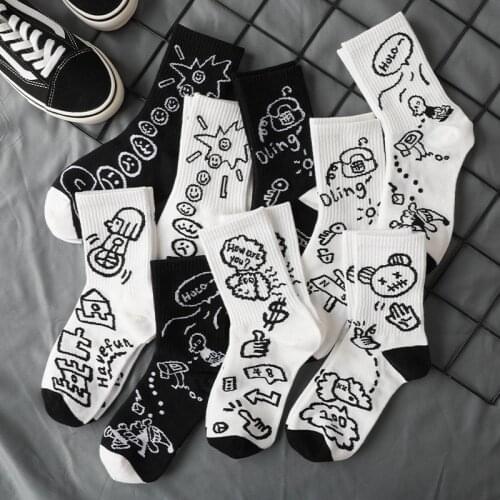 PEONFLY 2020 Trend Womens Socks White Black Cartoon Streetwear Harajuku Women Cotton Socks Japanese Hip Hop Skateboard Socks