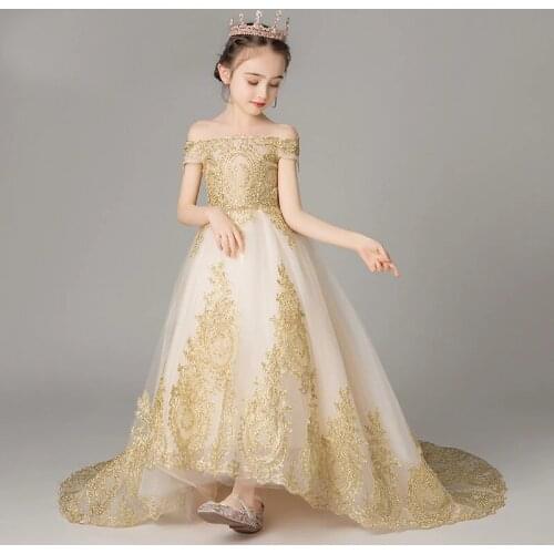 Girls Princess Dresses Sleeveless Boat Neck Kids Communion Dresses Long Sequins Train Flower Girl Dresses for Weddings