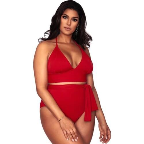 Plus Size Sexy Solid Halter Bikini Two-piece Swimsuit For Women High Waist Tie Belt Bikini Bottoms Ladies Swimwear Set S-3XL
