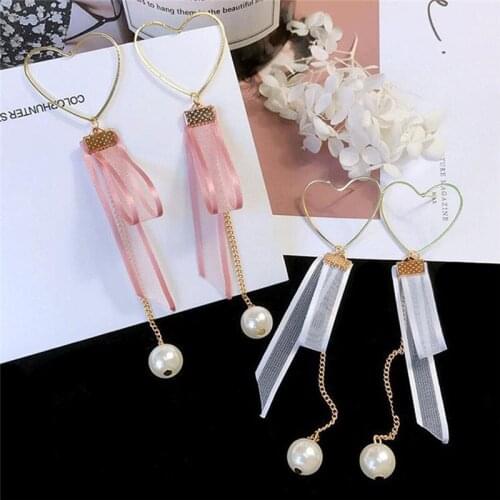 Heart Shaped Tassel Earrings Geometric Imitation Pearl Lace Pendant Long Earrings Woman Fashion Jewelry Accessories Party Gift
