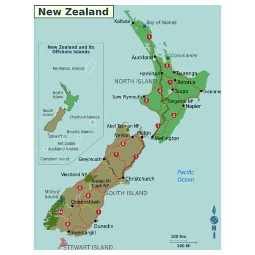 Map of New Zealand Art Silk Poster Home Wall Decor