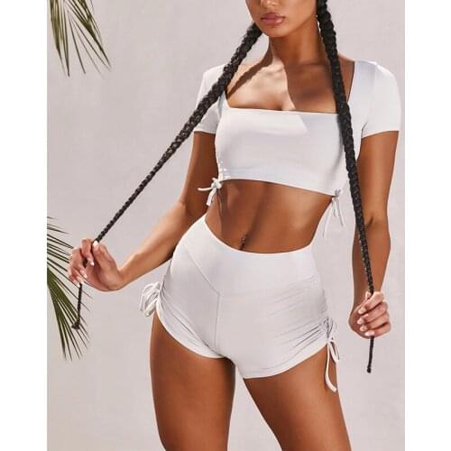BAMBOOBOY Sexy Hot Square Collar Open Back T-shirt Crop Top Tight Shorts Bodycon Club Sportswear Two Piece Set LN184