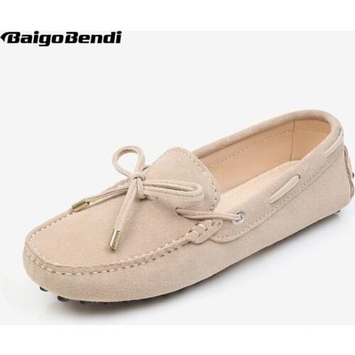 US 4-9 Ladies Cow Suede Leather Lace Up Loafers Pregnant Woman Flats Girls 14 Colors Driving Car Shoes Classical Boat Shoes