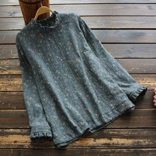 5807 Spring Women Blouse Vintage Stand Collar Japan Style Loose Shirt Long Sleeve Floral Print Pullover Tops Cotton Shirt Women